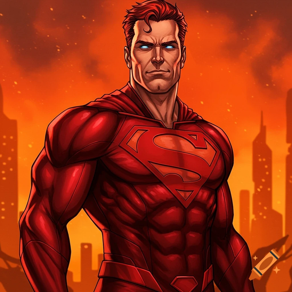 Red Son Superman in a red suit against an orange sky and city silhouette.