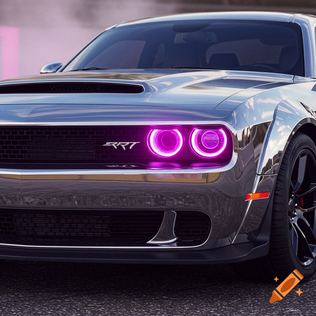 Close up front view of a chrome Dodge Challenger with purple headlights and an SRT badge.