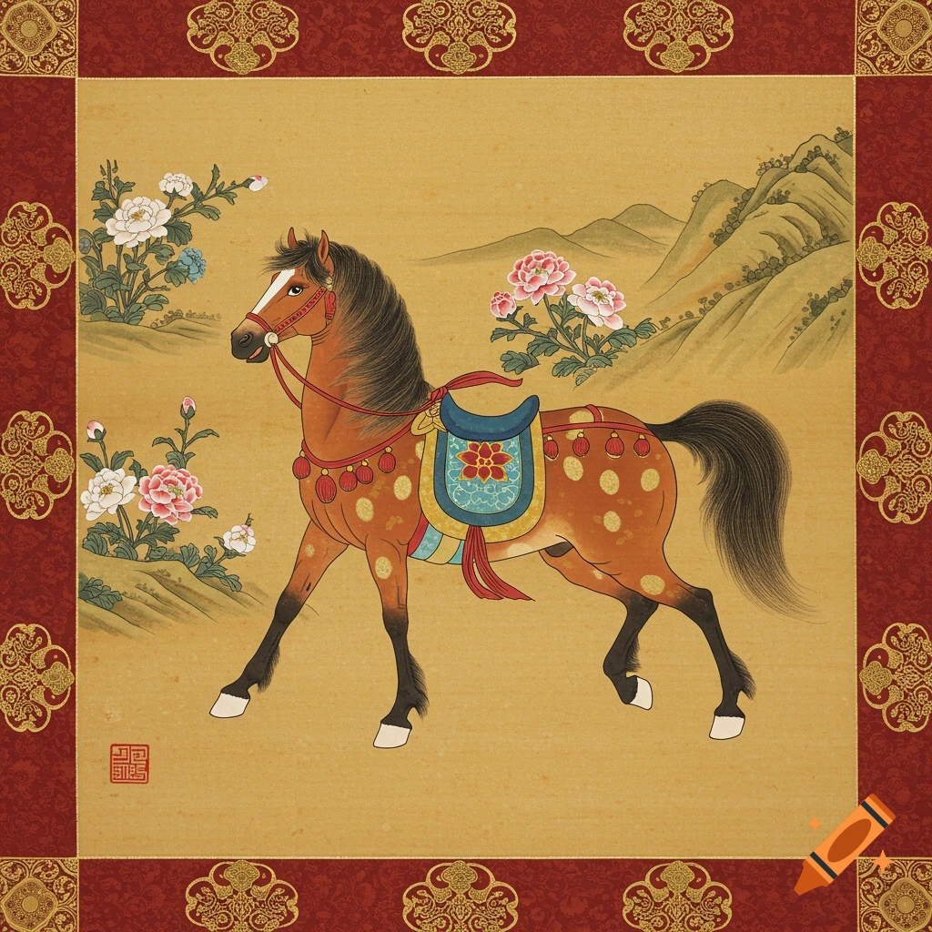 Traditional Korean Minwa painting of a decorated horse in a landscape with flowers.