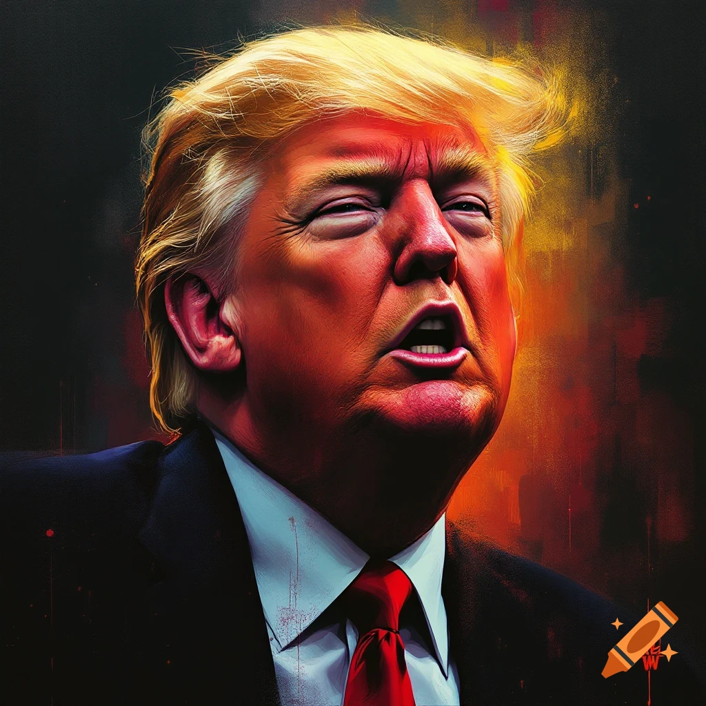 Portrait of Donald Trump with a red face and intense expression against a dark background.