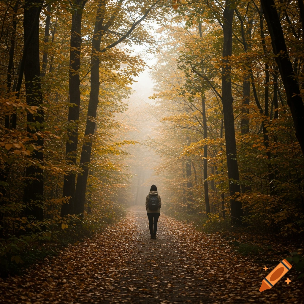 Person walking on a path through a misty forest in autumn.
