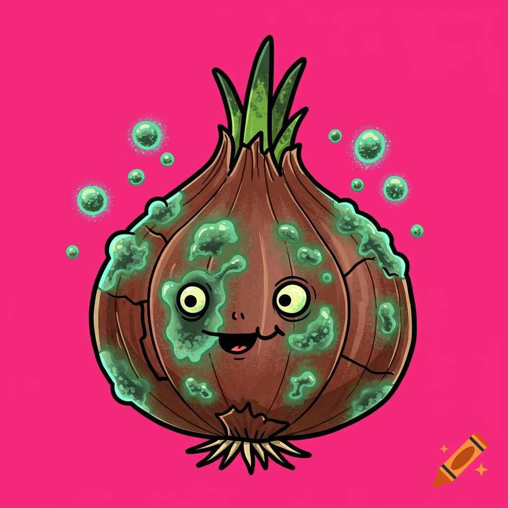 A cartoon onion with green mold patches and a surprised face on a pink background.