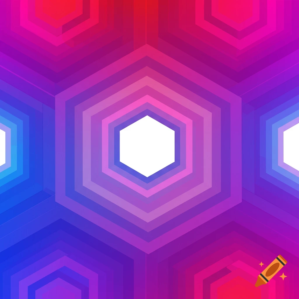 Abstract geometric pattern of nested hexagons in a gradient of red, pink, purple, and blue.