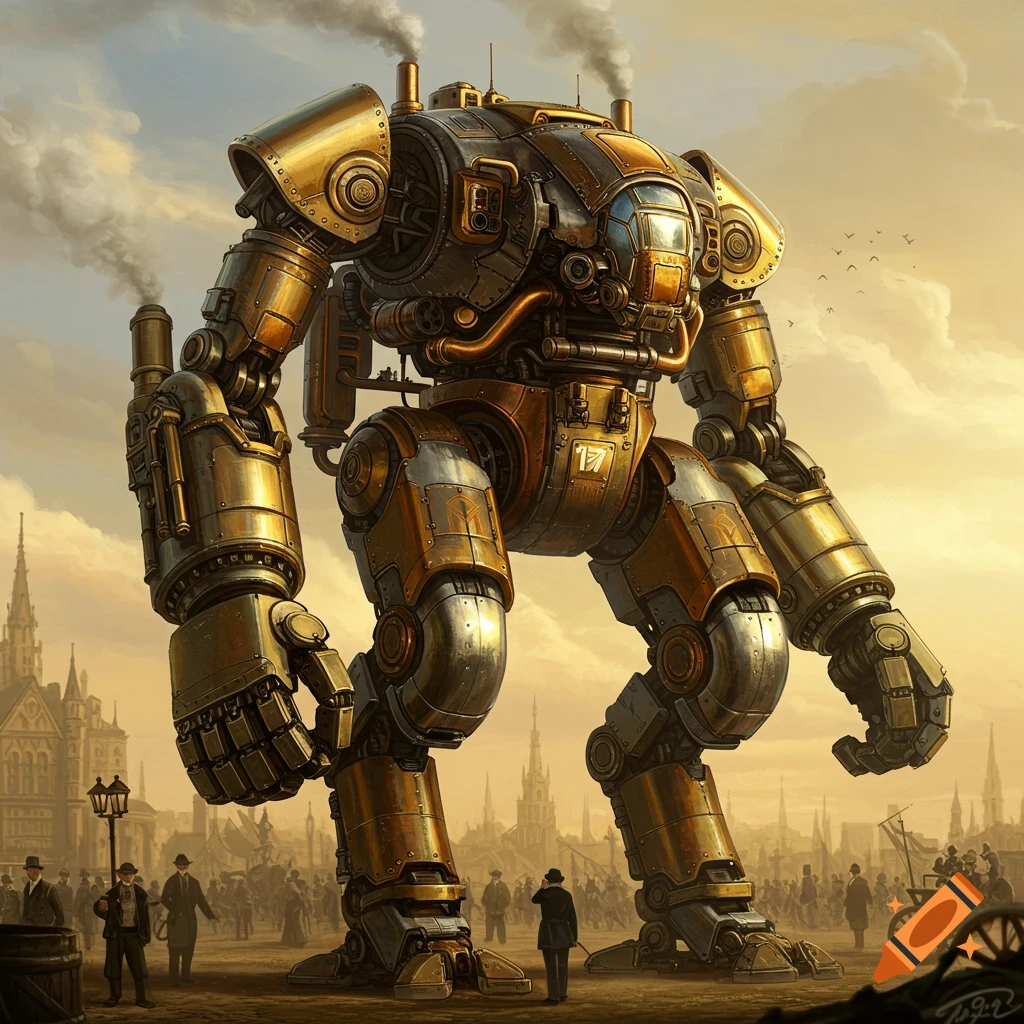 A giant steampunk mech standing in a crowded city square.
