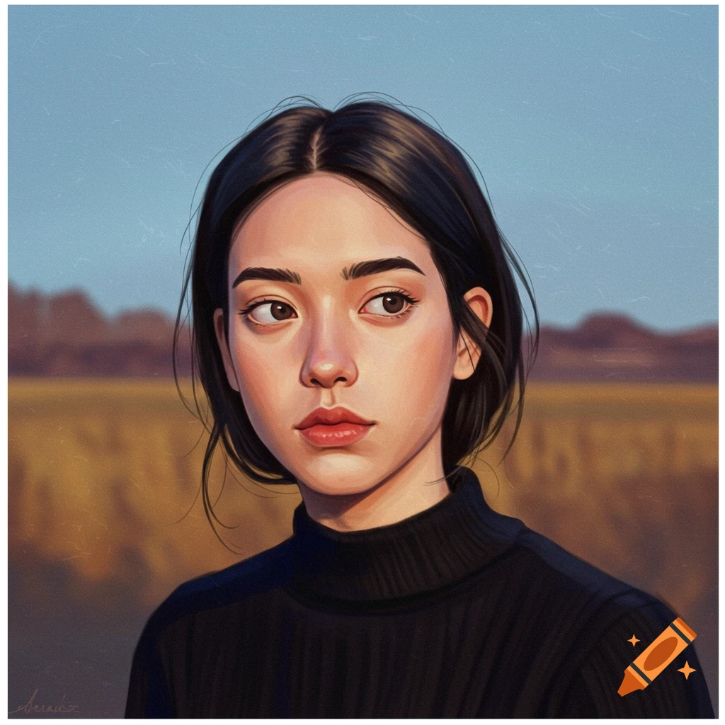 Portrait of a young woman with dark hair wearing a black turtleneck, looking sideways in a field.