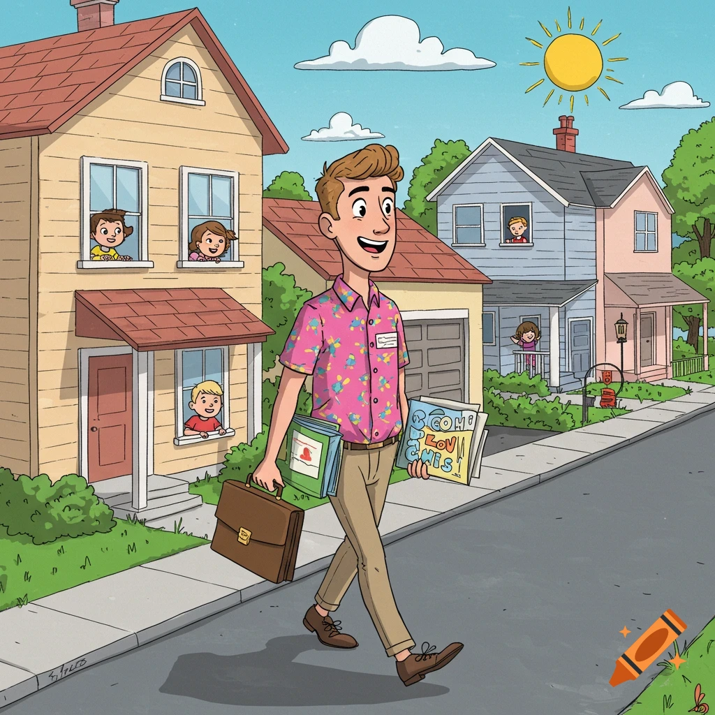 Cartoon man walking through a sunny neighborhood with a briefcase and books, while children look from house windows.