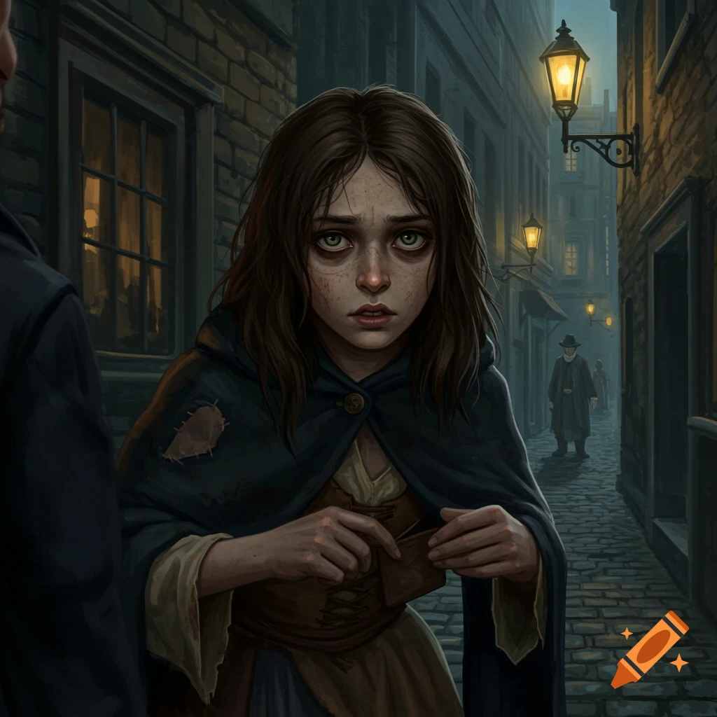 A young girl with dark hair and worn clothes looks anxious in a dimly lit cobblestone alleyway with gas lamps.