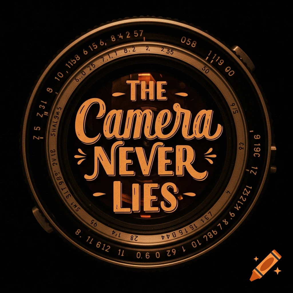 A close-up of a camera lens with the text 'THE CAMERA NEVER LIES' on it.