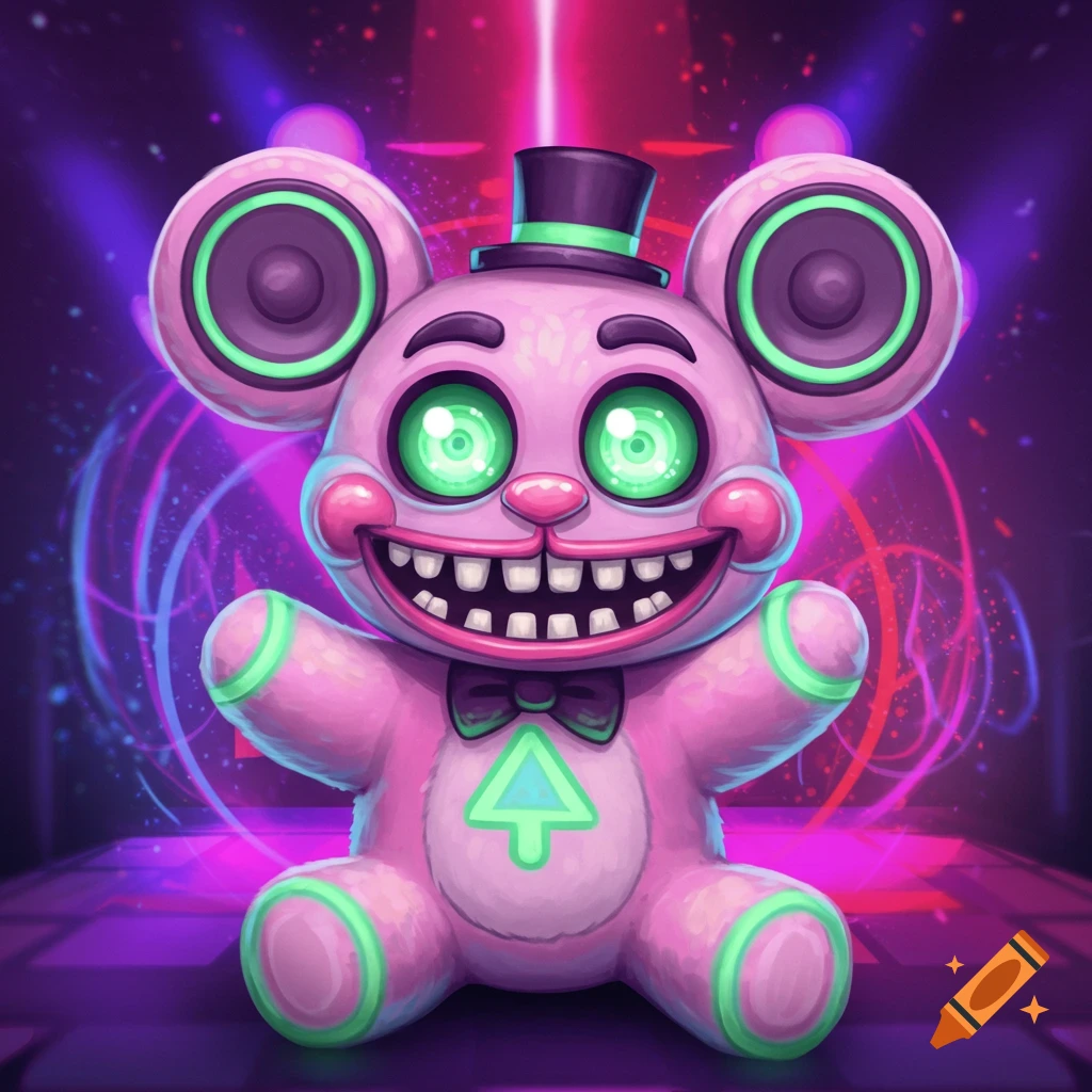 A pink plush toy character with speaker ears, glowing green eyes, and sharp teeth in a disco light setting.