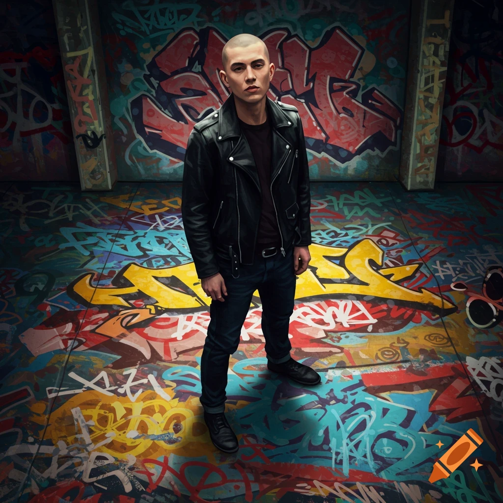 A man stands on a graffiti-covered floor in a room with graffiti walls.