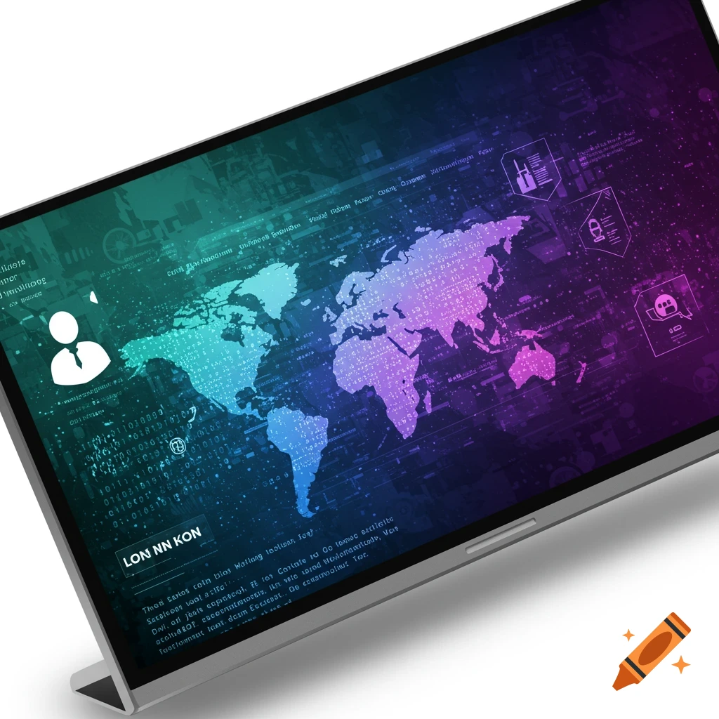 Digital graphic on screen with glowing world map, binary code, and tech icons in purple and green.