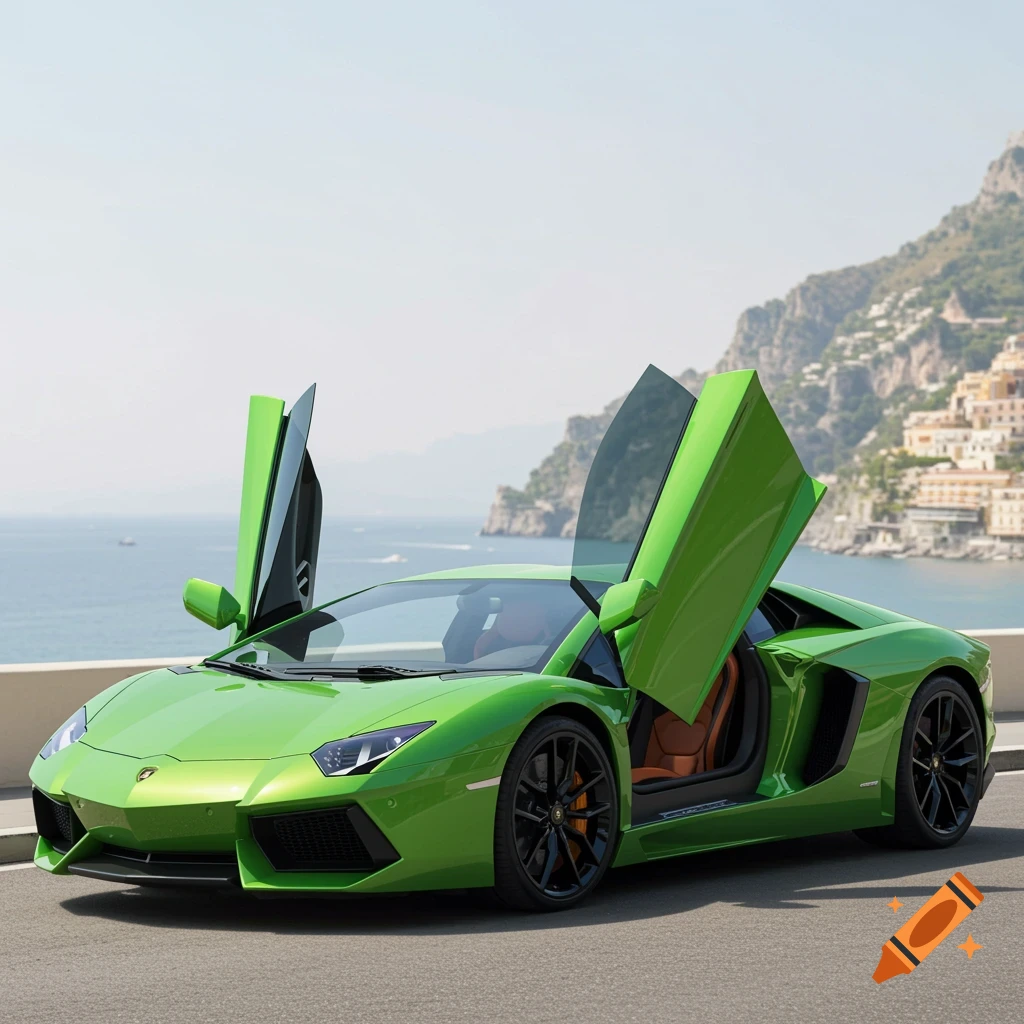 Green Lamborghini Aventador with open scissor doors on a coastal road overlooking the sea, hyperrealistic style.
