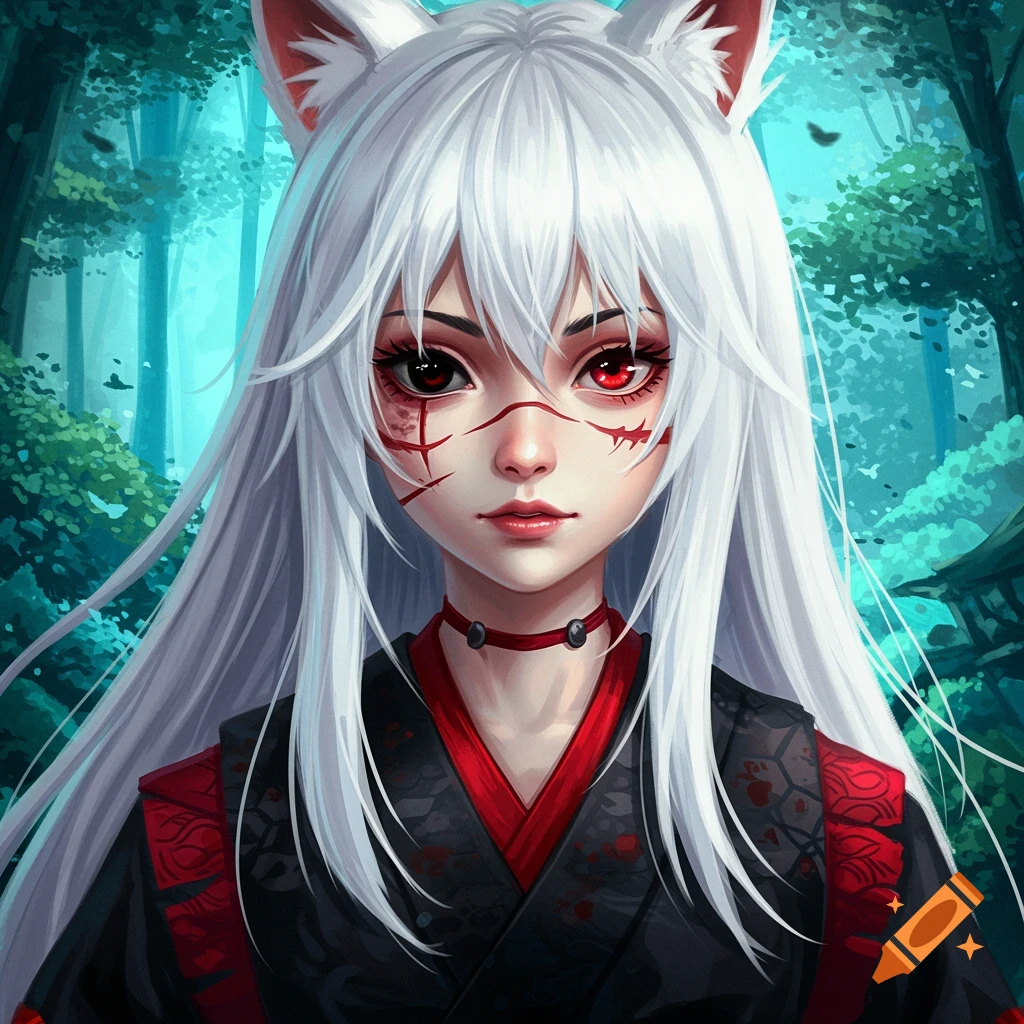 Anime illustration of a kitsune girl with white hair, red eyes, scars, and a kimono in a forest.
