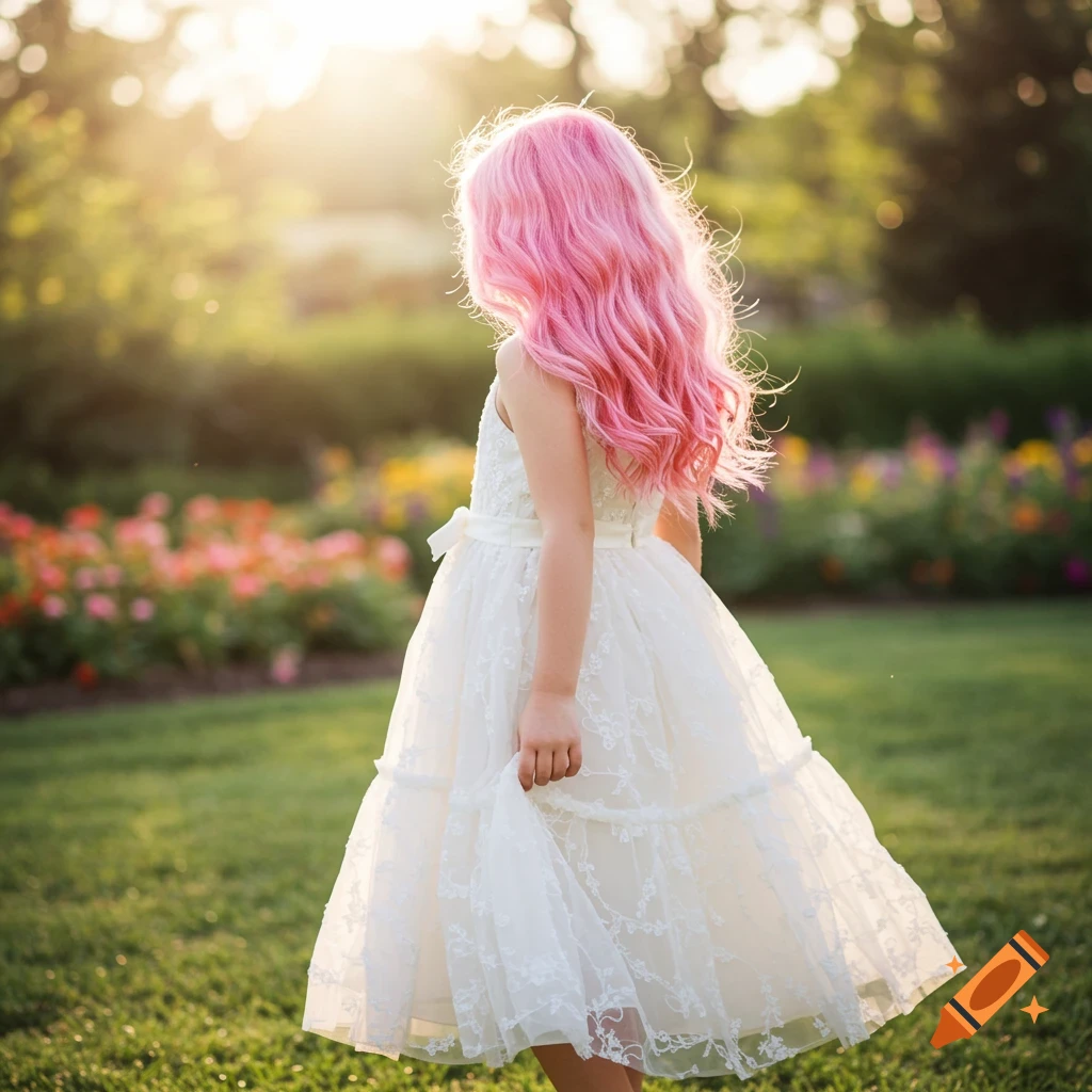 Young girl with pink hair in white dress in sunny garden.