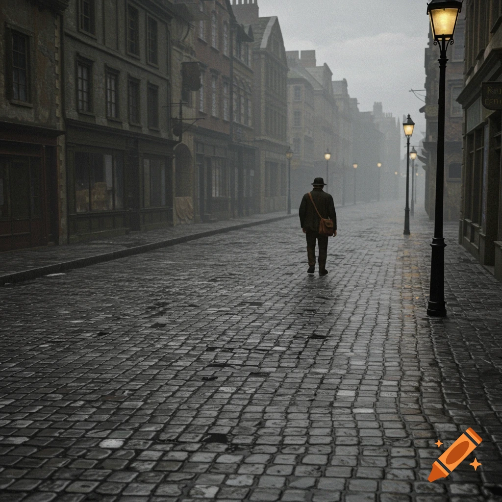 Man walks down wet, foggy cobblestone street in a historic city