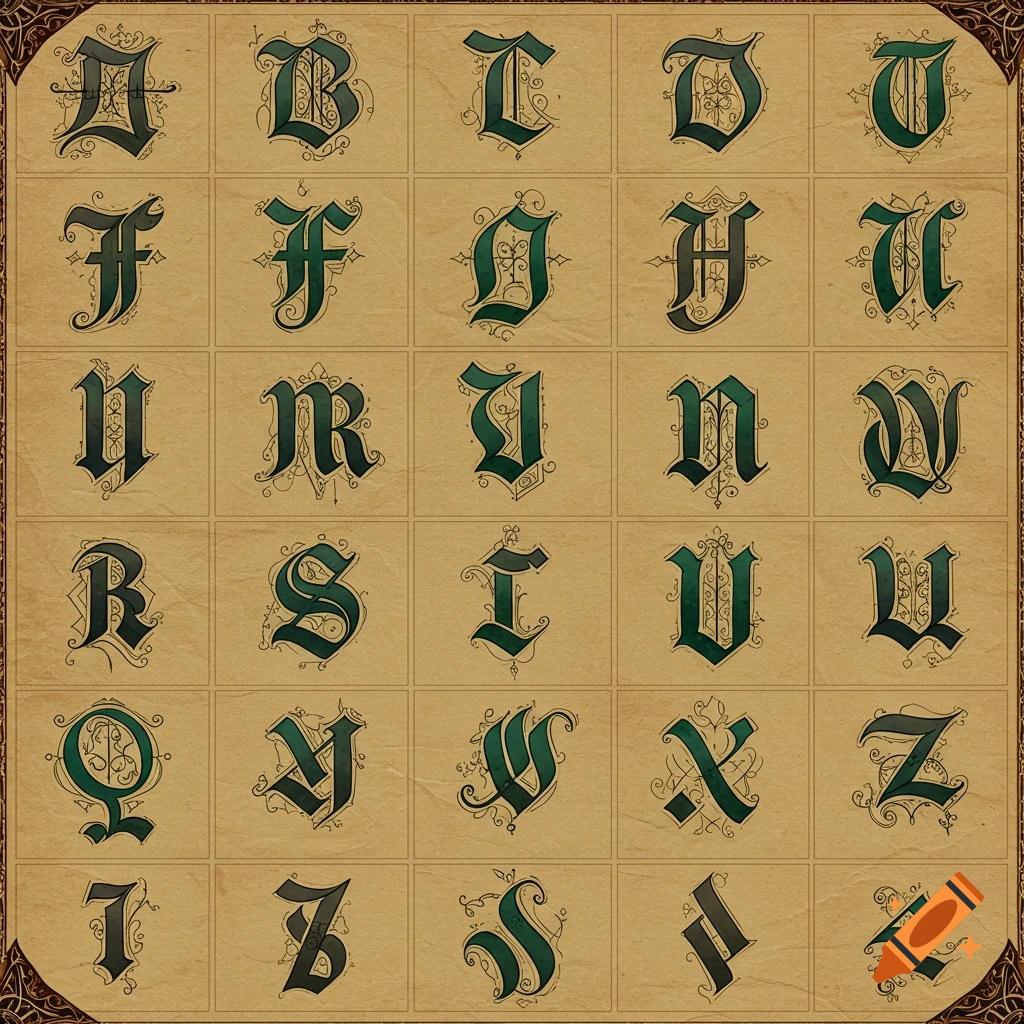 A grid of stylized dark green letters in a Gothic script style on a beige background with a decorative border.