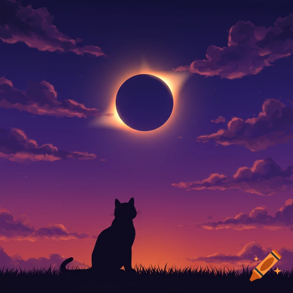 Silhouette of a cat sitting on grass watching a solar eclipse during a purple and orange sunset with clouds.