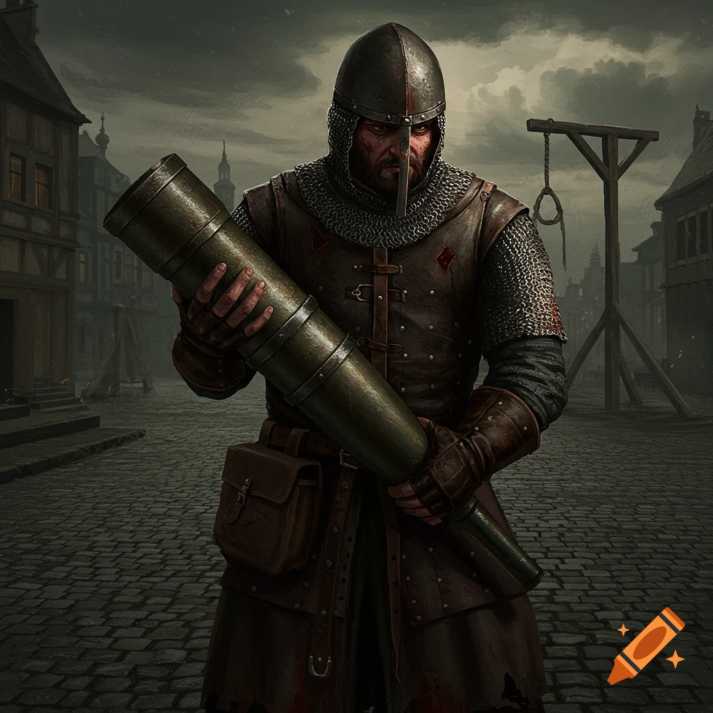 A medieval executioner holds a large mortar round on a dark street with gallows.