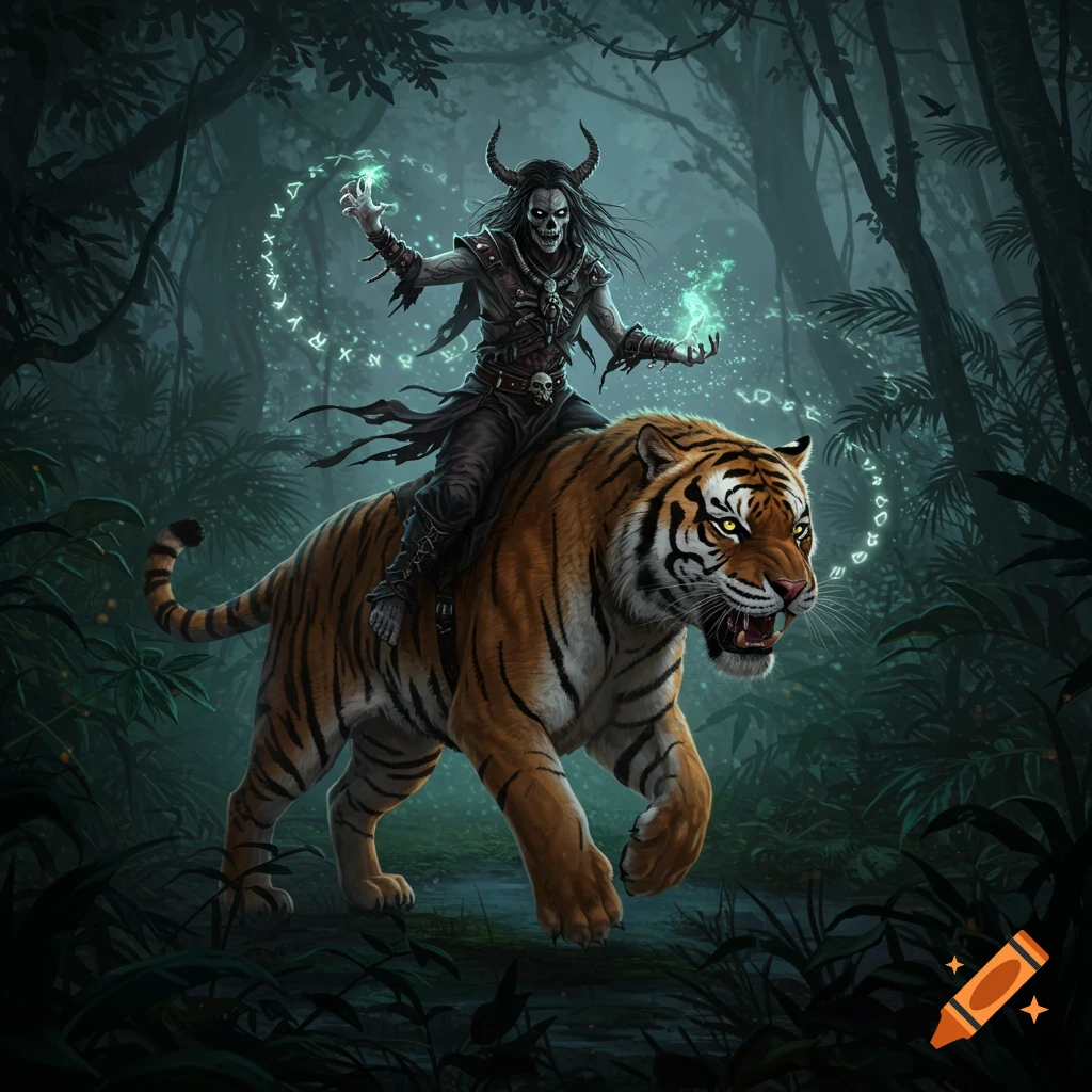 An undead warlock casts spells while riding a tiger through a dark forest.