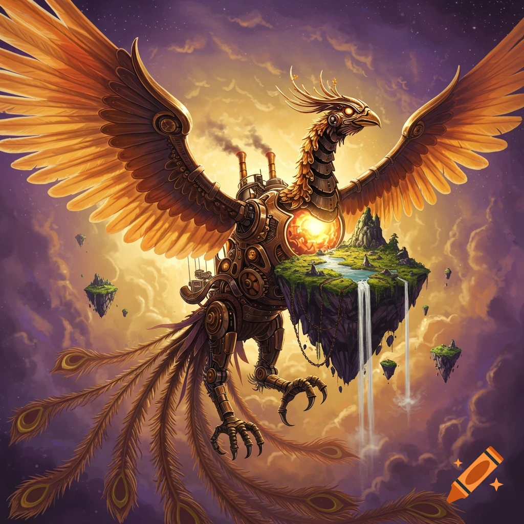 A mechanical phoenix carries a floating island with waterfalls through a cloudy sky.
