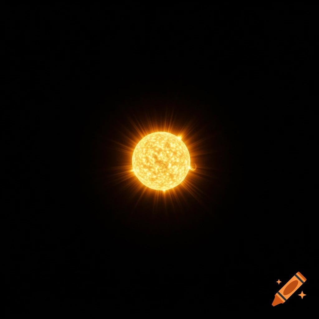 A bright, shining sun in the center of a black space.
