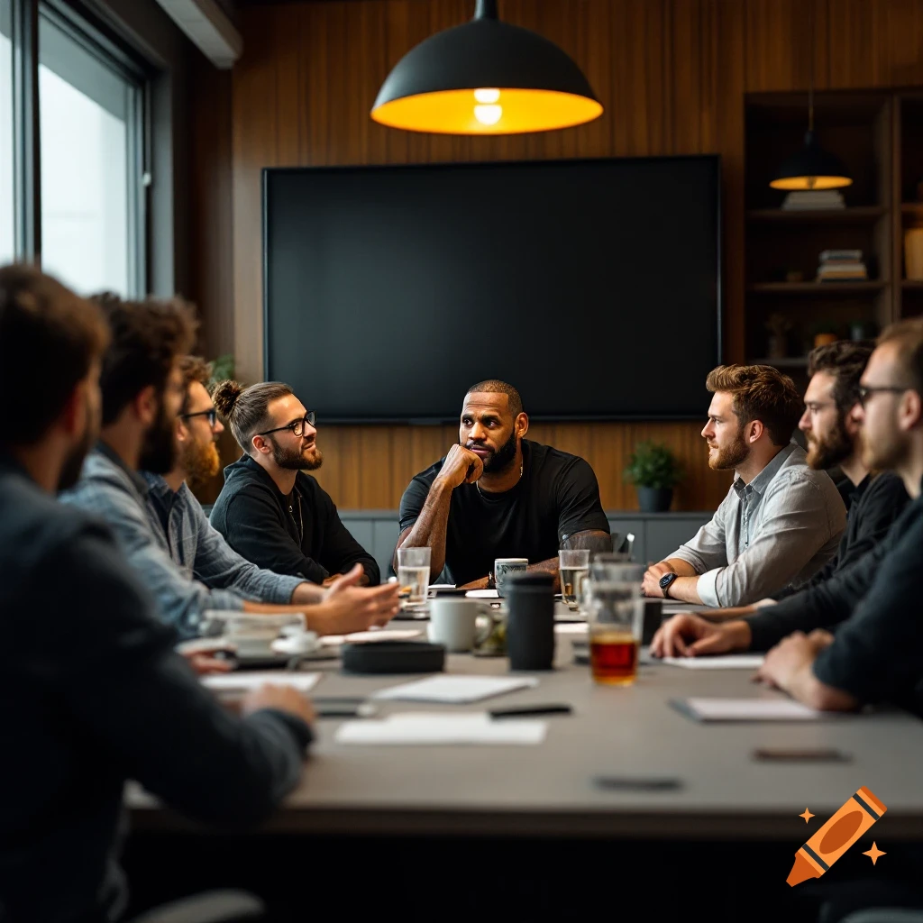 Lebron James meets with a group of men around a conference table.