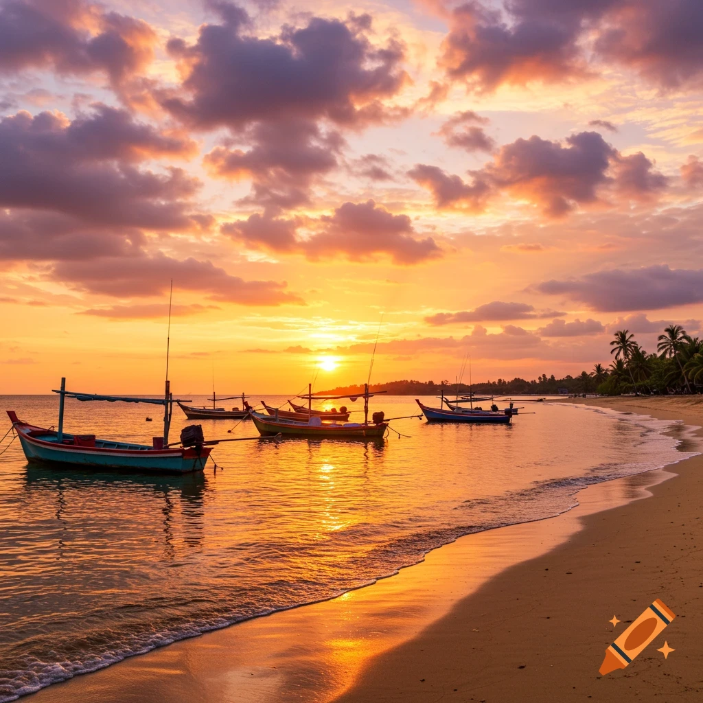 Photorealistic sunset over a beach with several boats in the water and clouds in the sky.