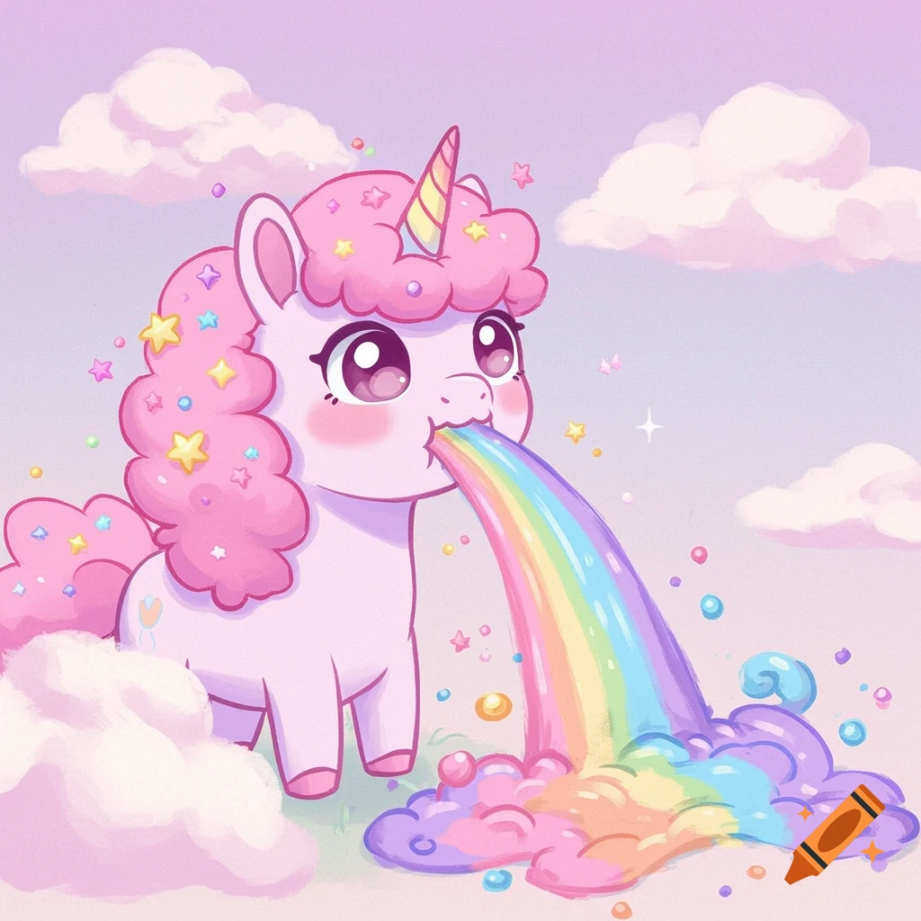 A cartoon unicorn with pink mane vomits a vibrant rainbow in a pastel sky with clouds.