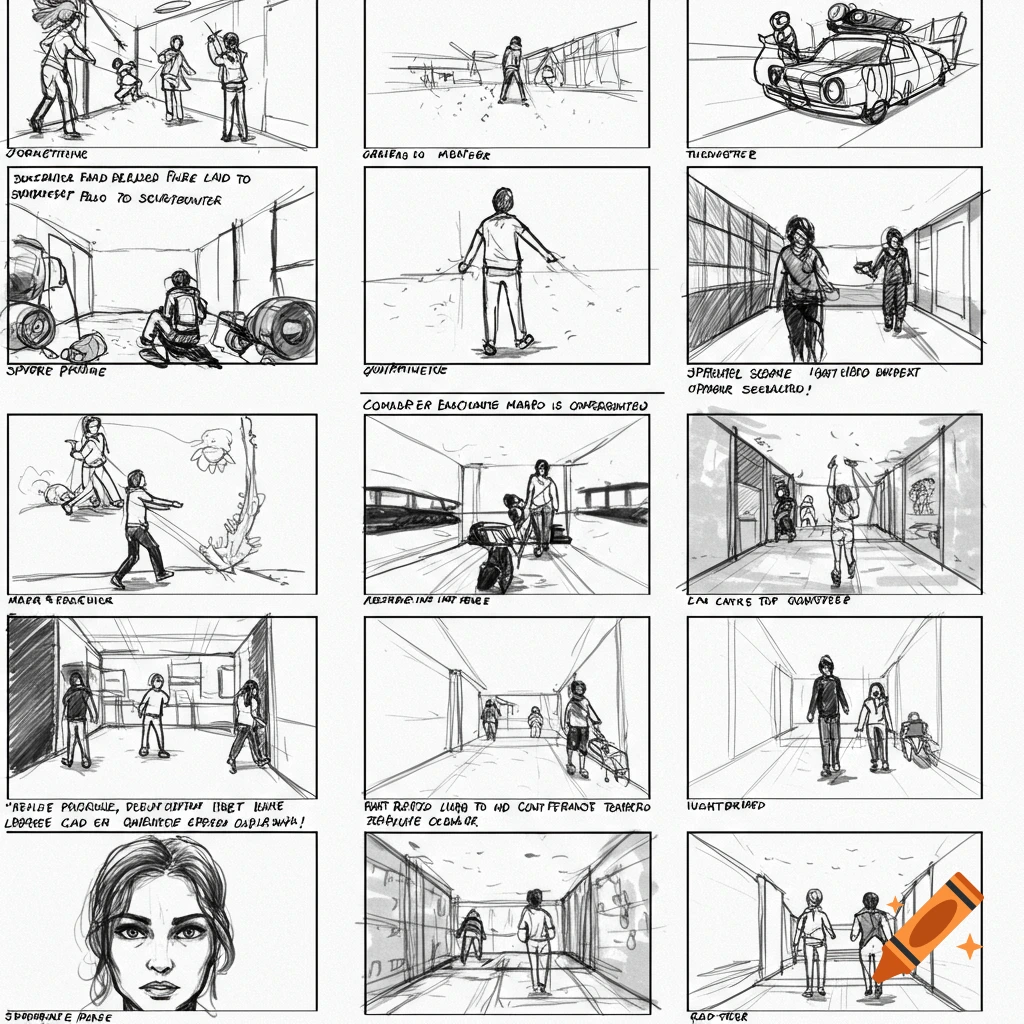 A grid of sketch storyboard panels depicting people in various scenes.