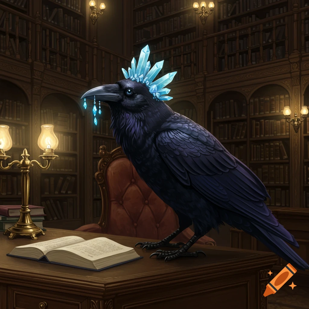A black raven with blue crystal adornments sitting on a desk in a library.