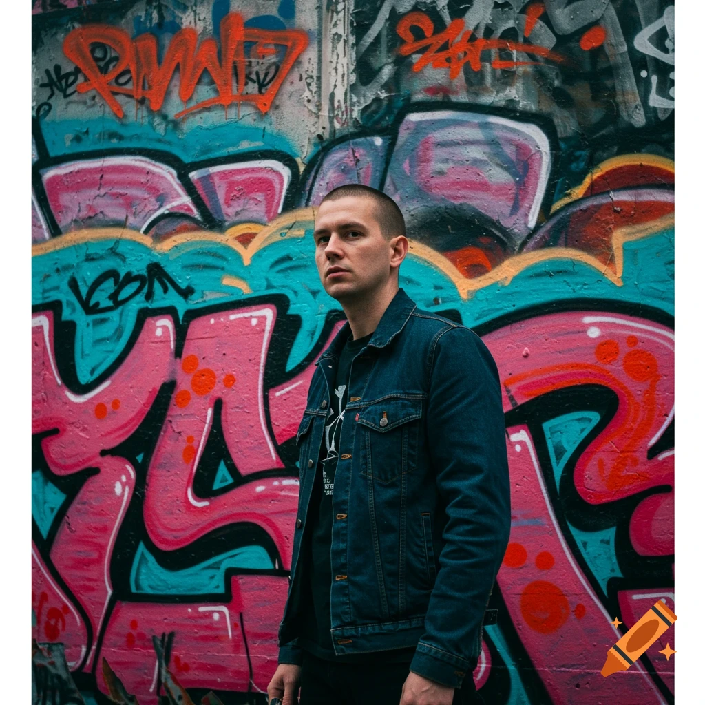 A man in a denim jacket stands in front of a wall covered in colorful graffiti.