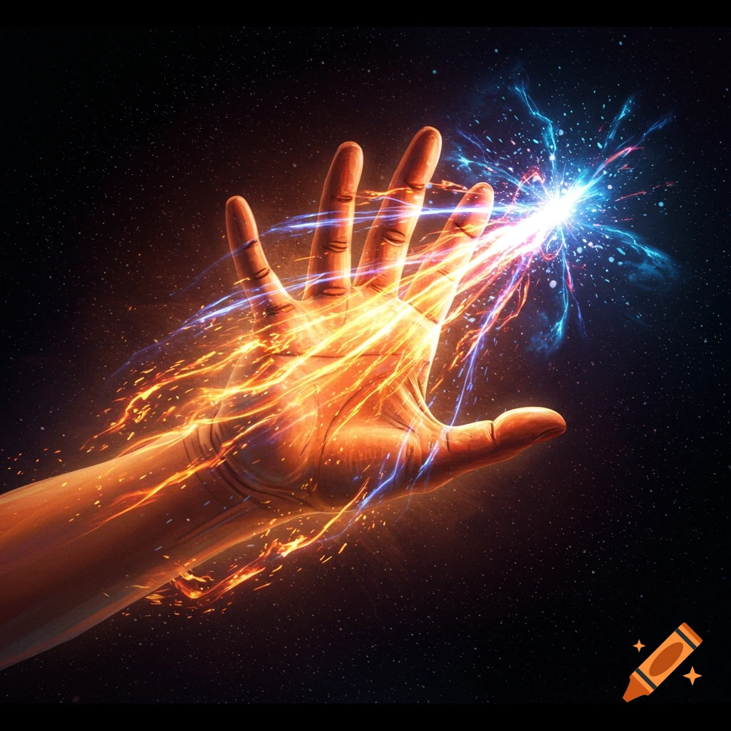 Hand emitting orange fire and blue energy in a space background.