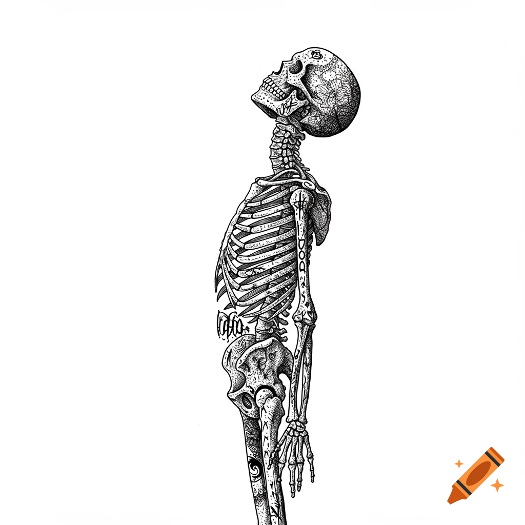 A black and white illustration of a skeleton standing and looking up, in a fine lines tattoo style