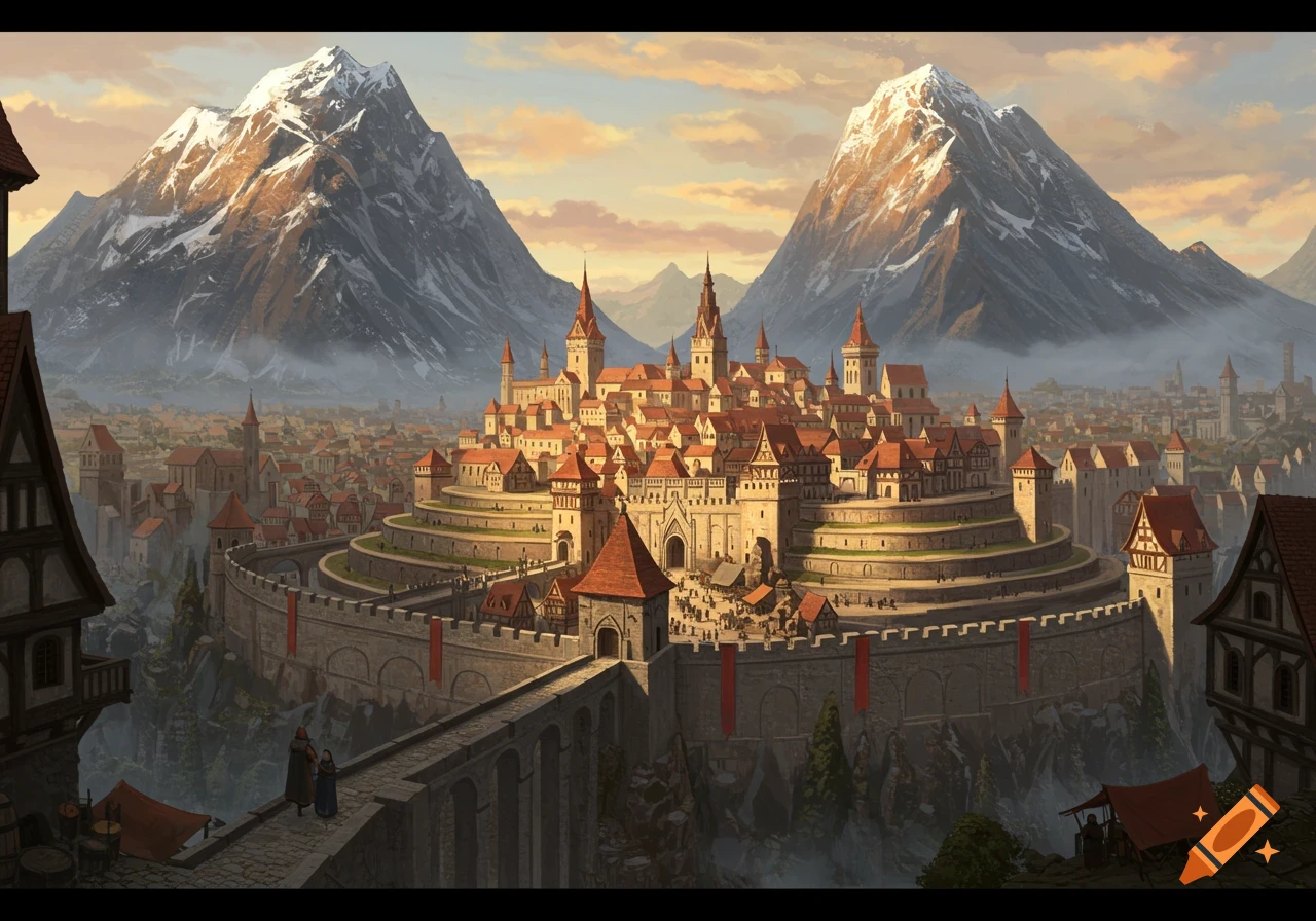 A large tiered walled city is situated at the base of snow-capped mountains.