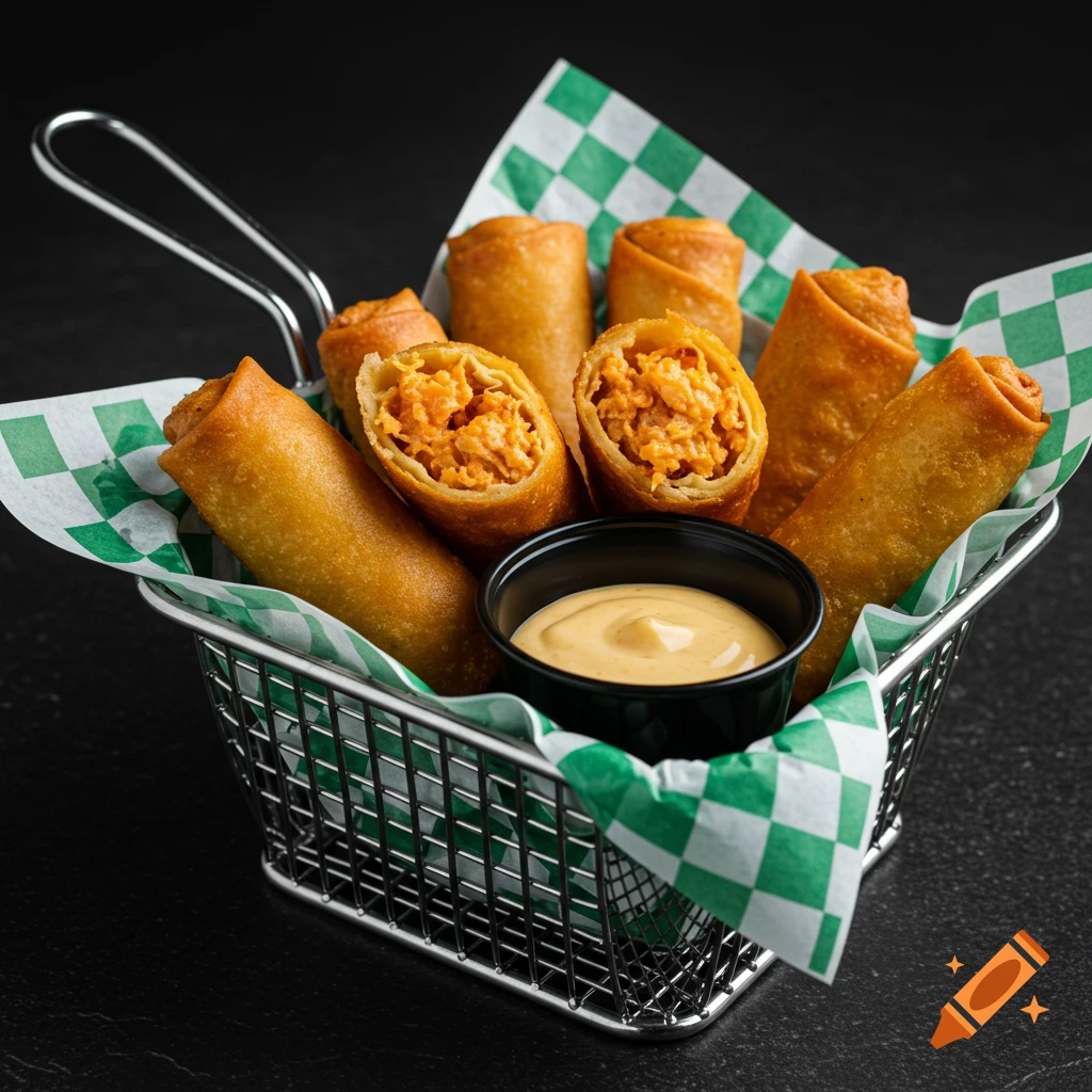 Crawfish eggrolls in a wire basket with green and white checkered paper and a cup of sauce.