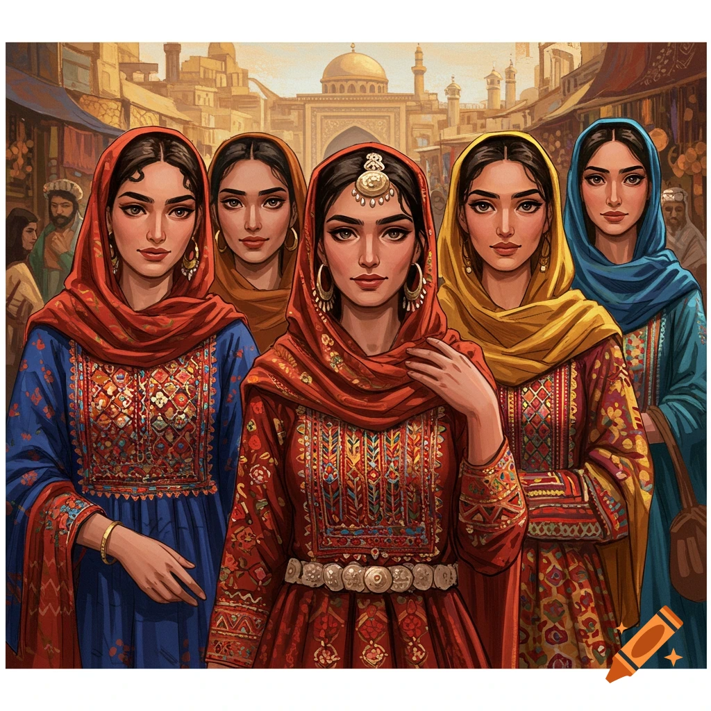 Image of Afghan women in traditional clothing in a marketplace