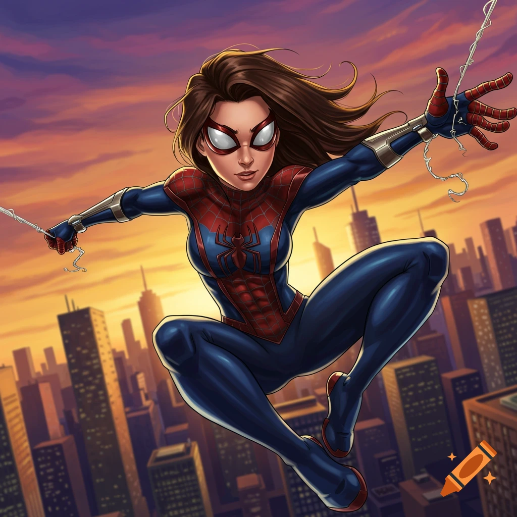 Female Spider-Man character flying over a city skyline at sunset.