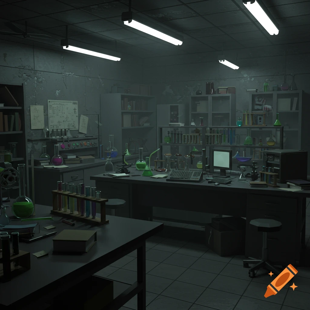 A dark research laboratory room filled with test tubes, beakers, flasks with colorful liquids, and scientific equipment.