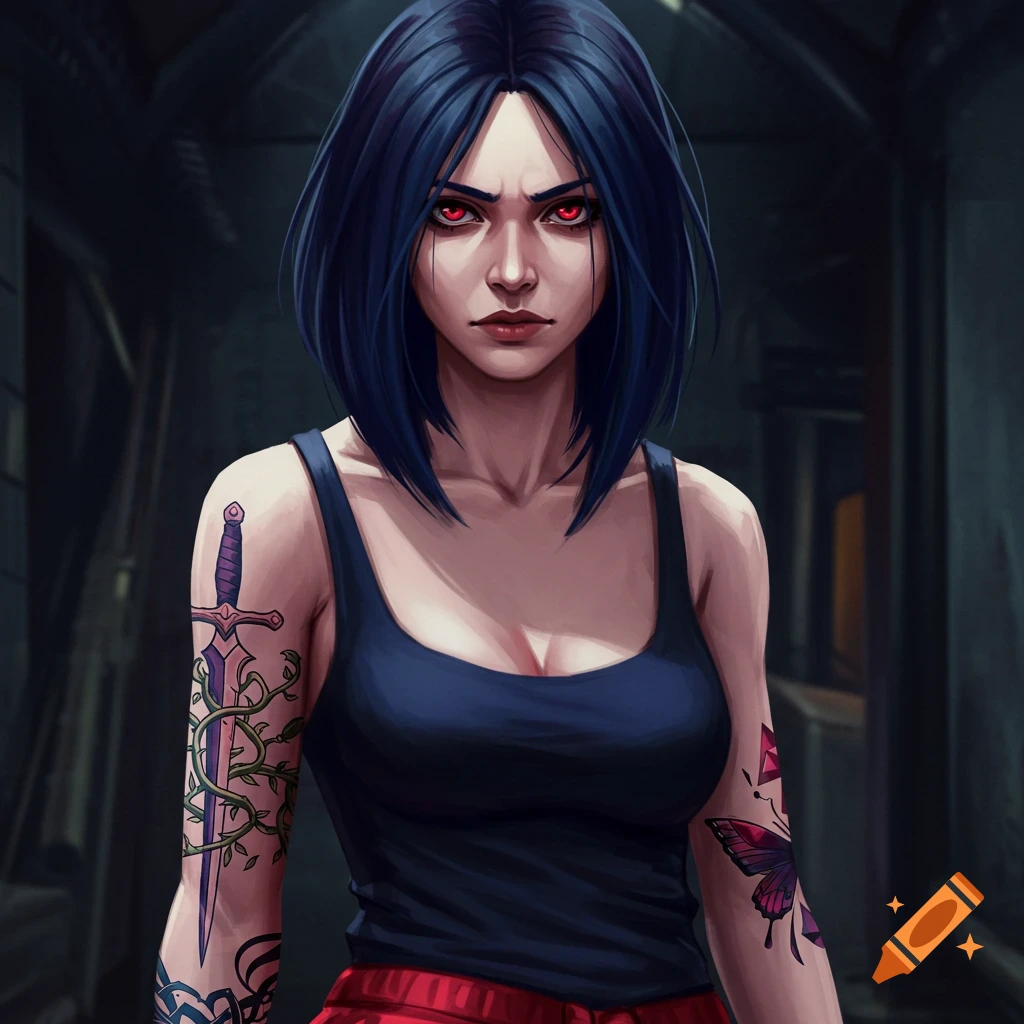 A woman with blue hair, red eyes, and tattoos, wearing a tank top and red shorts in a dark setting.
