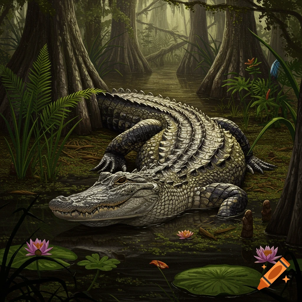 A large alligator lies in a swamp with trees and water lilies.