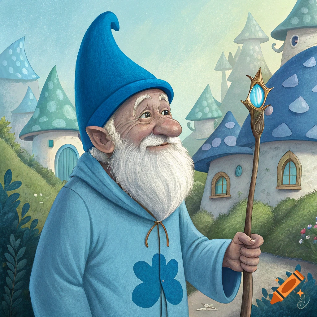 Illustration of an old man in a blue hat and robe holding a staff, standing among mushroom houses.