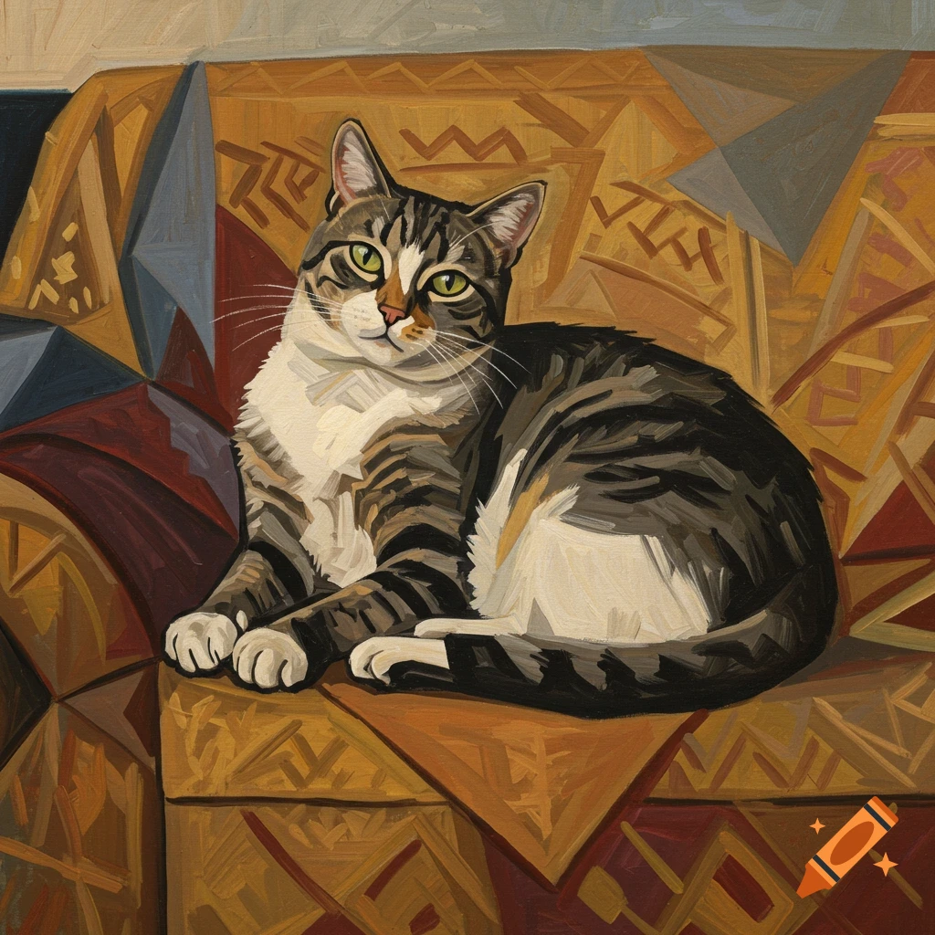 Cubist painting of a tabby cat lounging on a patterned couch.