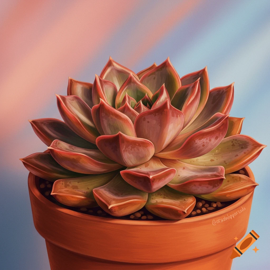 A succulent plant in a terracotta pot with a pink and blue background.