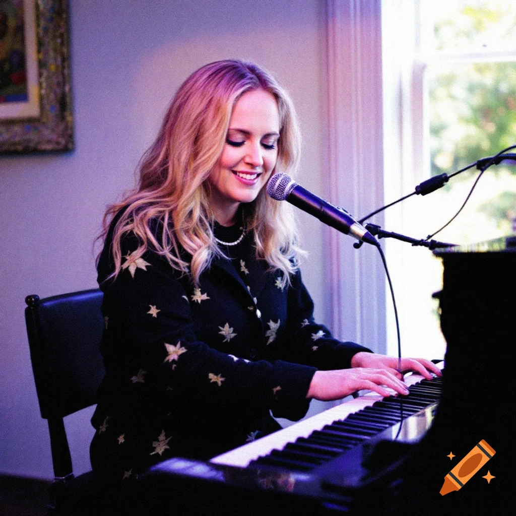 Woman playing piano and singing into a microphone