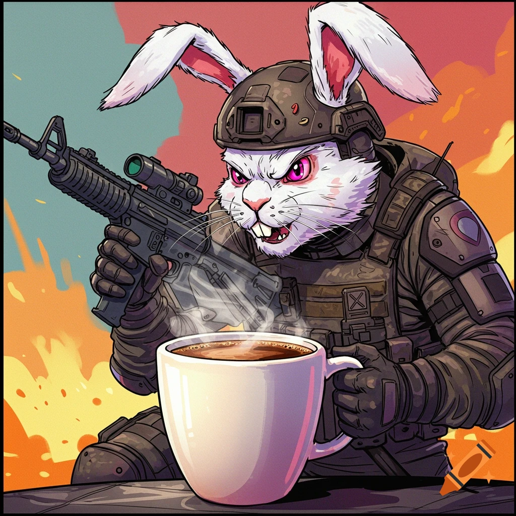 A combat rabbit in tactical gear holding a rifle and guarding a cup of coffee