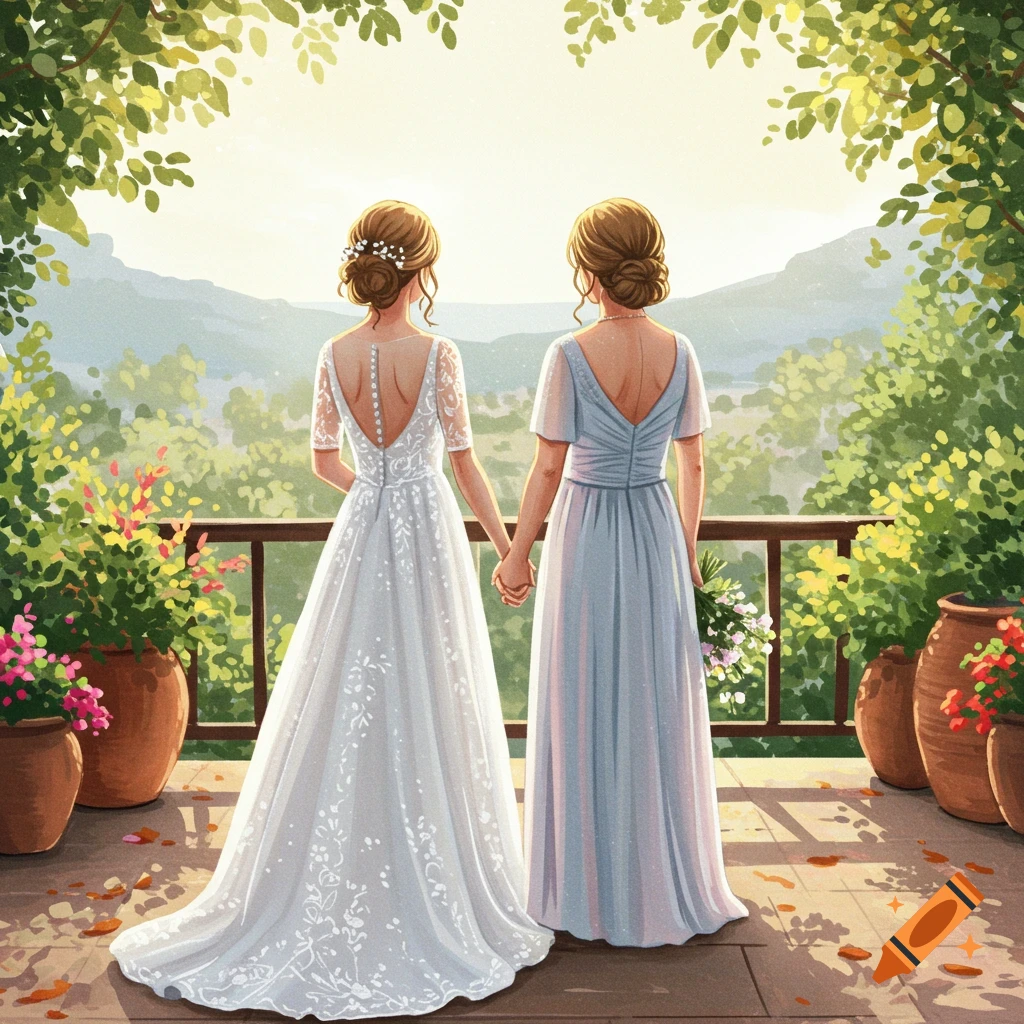 Two women in elegant dresses viewed from behind, holding hands and looking out at a mountain landscape from a balcony.