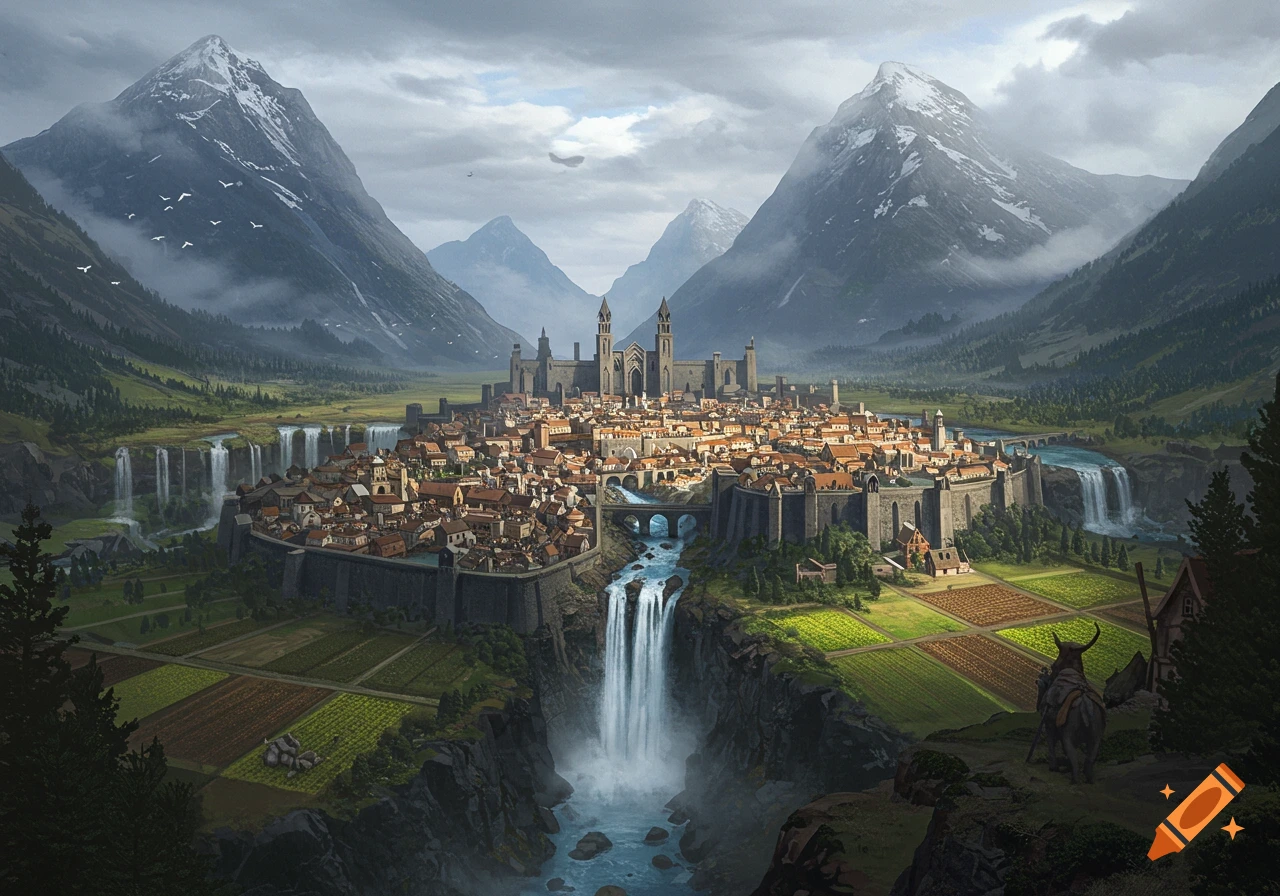 A fantasy city built on terraces in a mountain valley with waterfalls, fields, and cloudy skies.