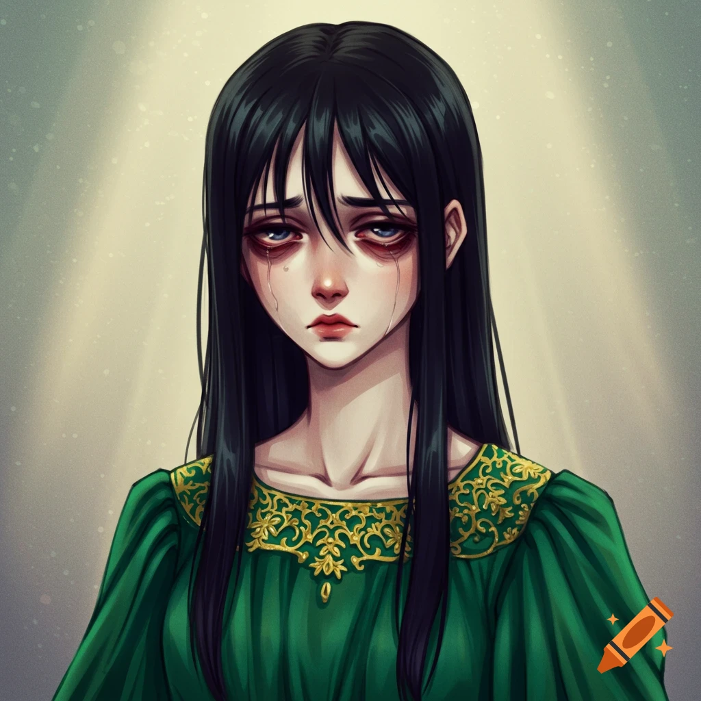 Anime portrait of a crying girl with dark eye bags in a green dress.
