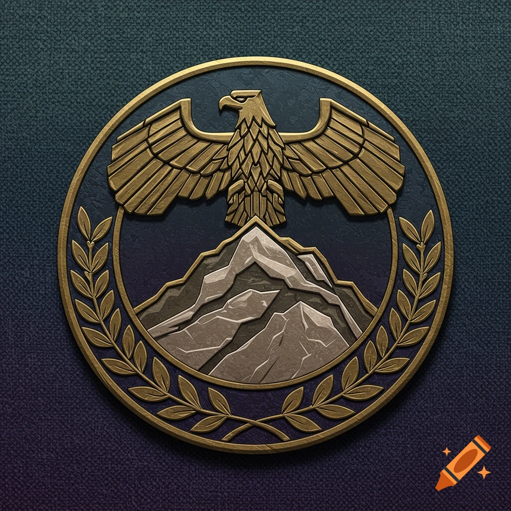 A circular golden emblem with an eagle perched on mountains, framed by laurel leaves.