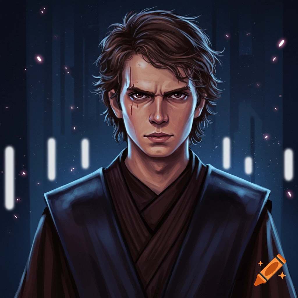Anakin Skywalker with scars on his face, against a dark, futuristic background.